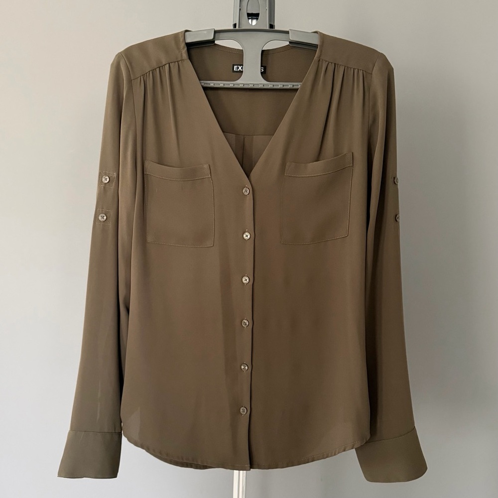 Express Olive Green Button Front Blouse - image 1